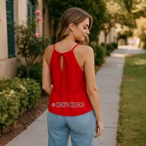 Olive & Oak Rocking Red Halter Peplum Cami Sleeveless Chiffon Tank Top Size S
